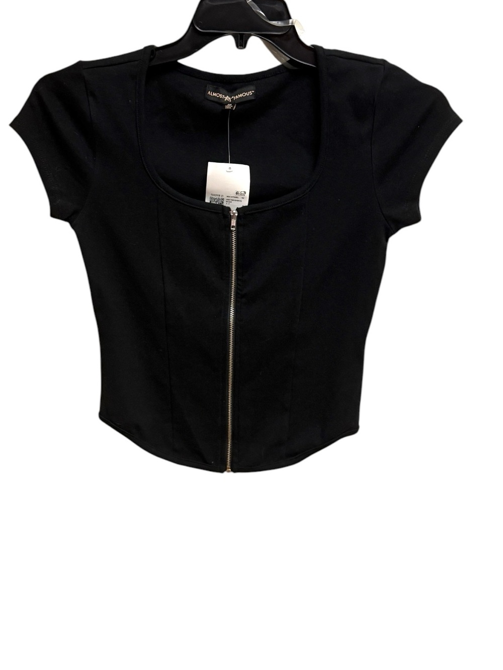 NWT Almost Famous Black Zip Front Corset Top Short Sleeve Size Juniors MED
